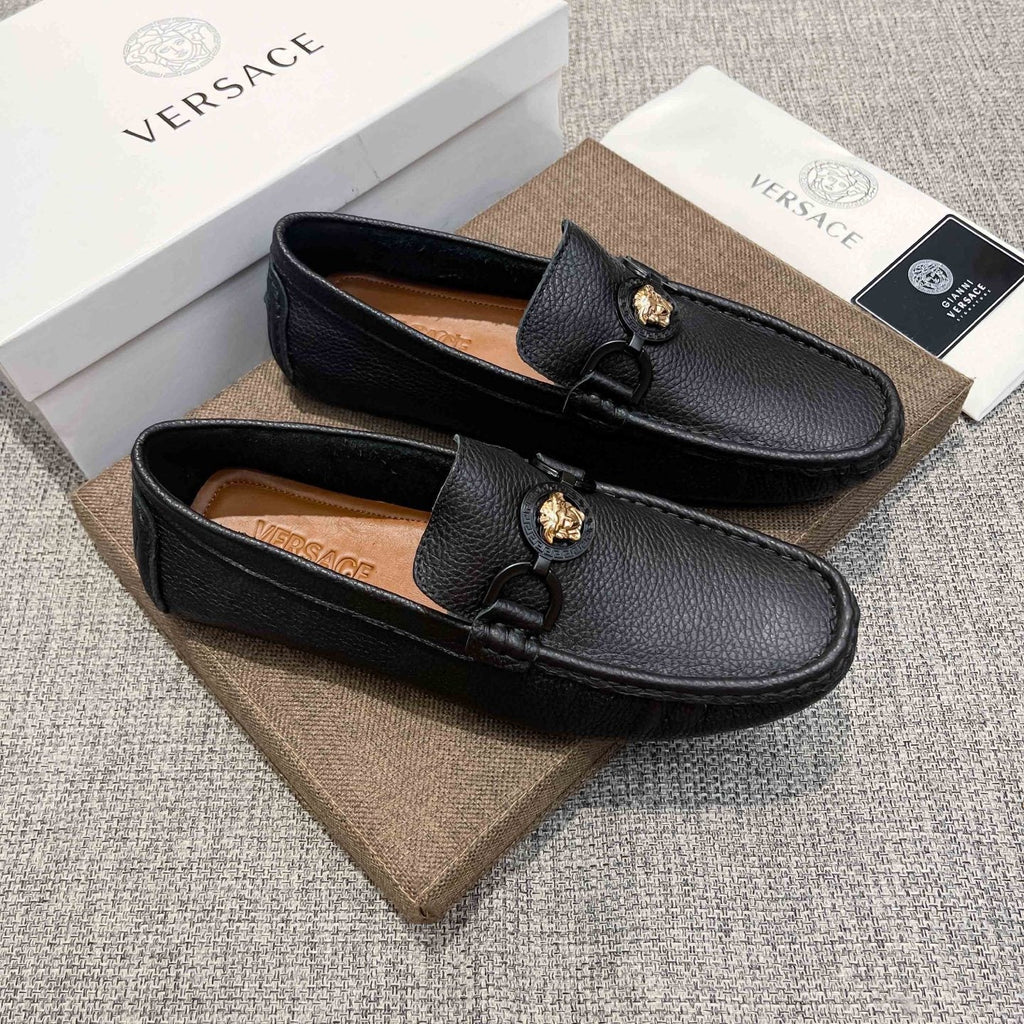 Versace Black Gold-Emblem Slip-On Loafers — front