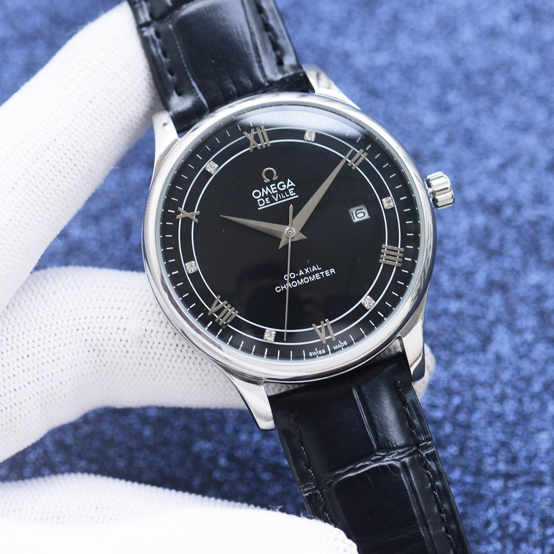 OMEGA Silver Black Dial Leather Strap Watch — front