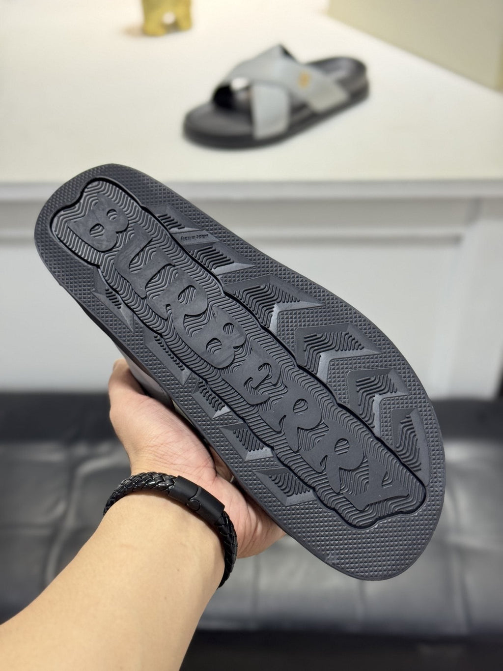 Burberry Light Gray Cross-Strap Slide Sandals — detail