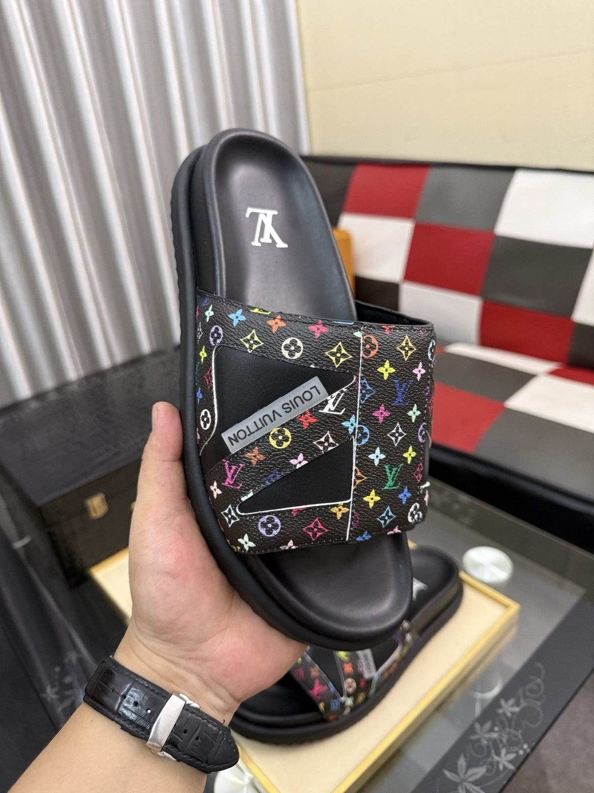 Louis Vuitton Multicolor Strap Slide Sandals — model