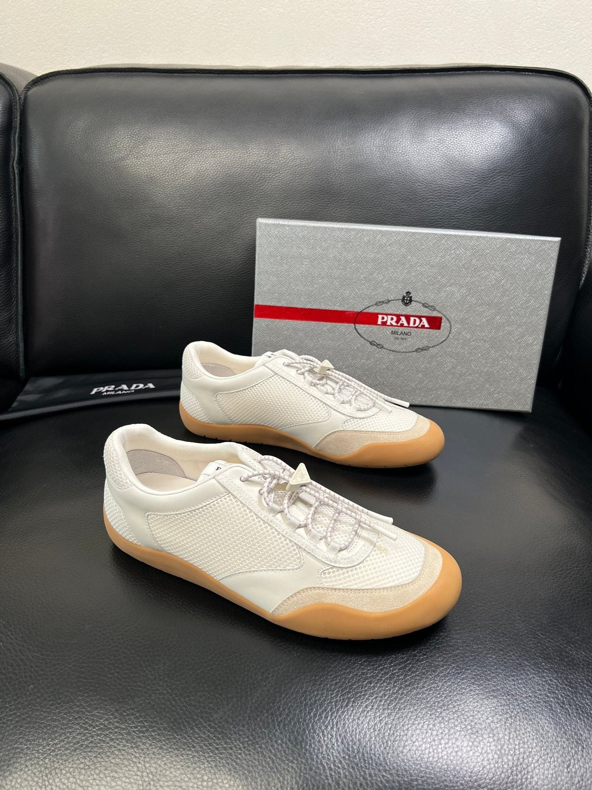 Prada White Gum Sole Low-Top Sneakers — side