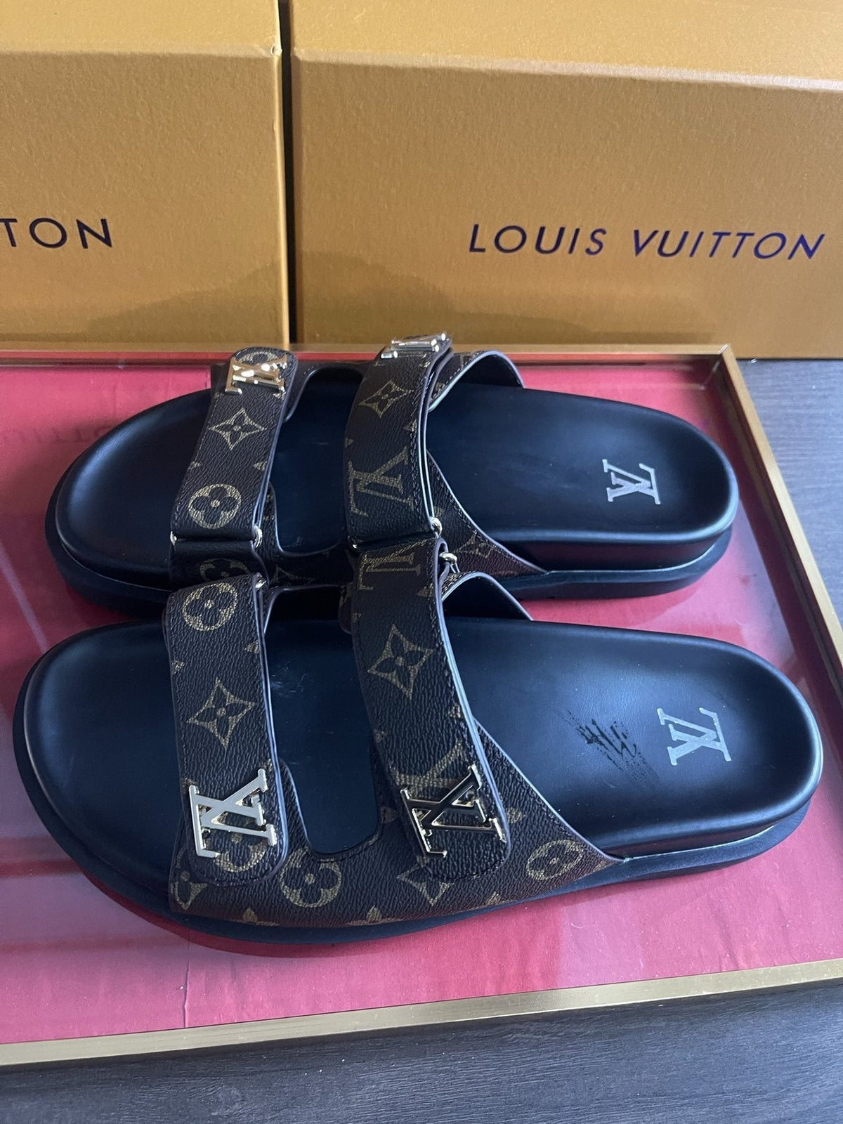 Louis Vuitton Dark Gray Monogram Slide Sandals — front