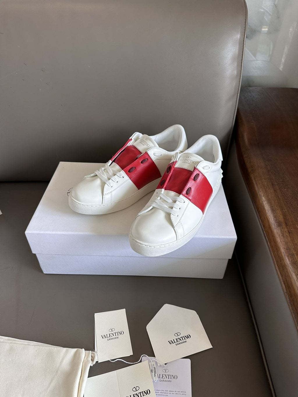 Valentino White and Red Studded Low-Top Sneakers — front