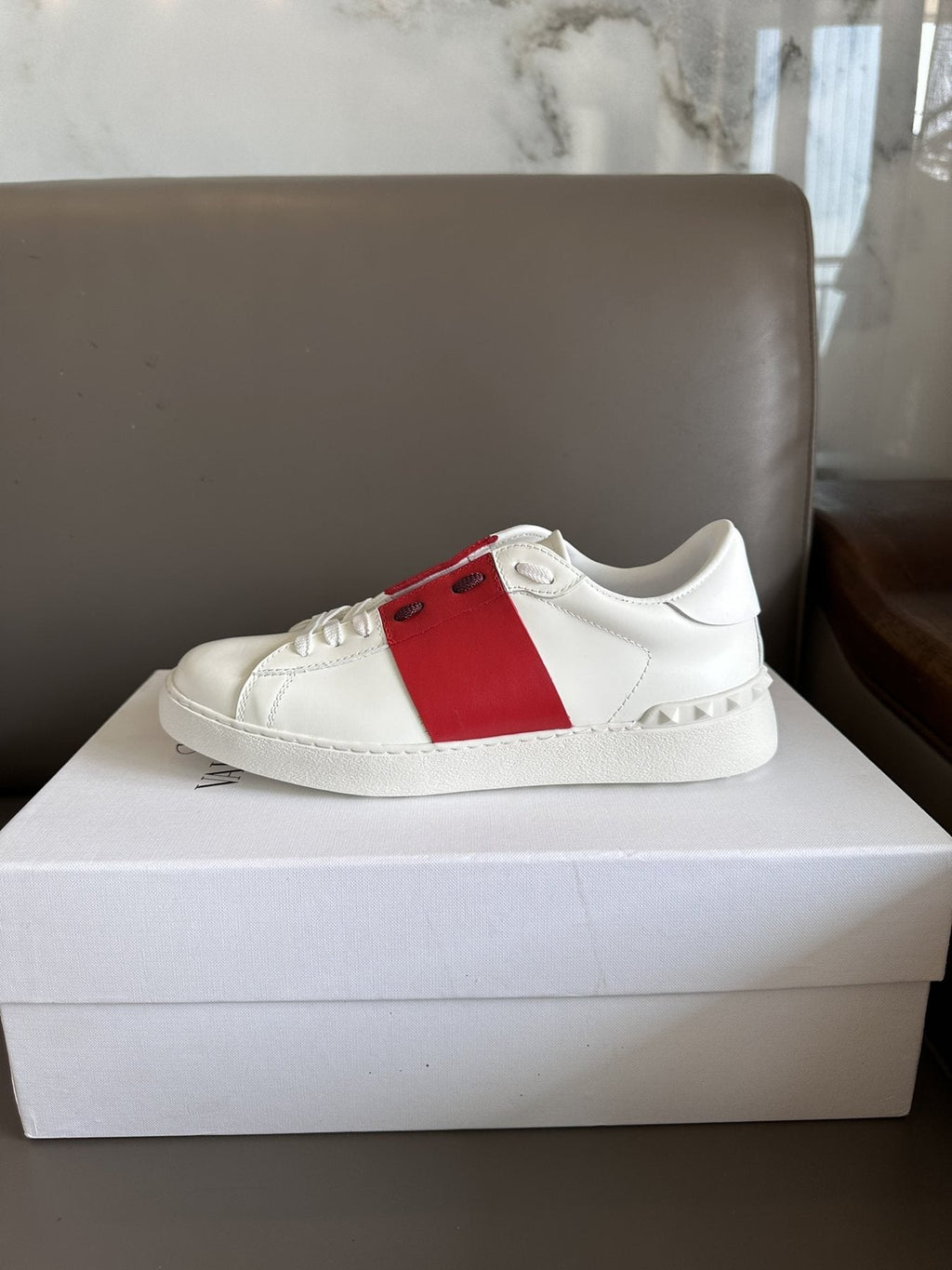 Valentino White and Red Studded Low-Top Sneakers — side