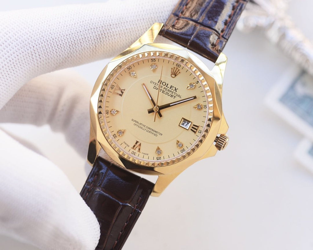 Rolex Gold Brown Strap Watch — hero