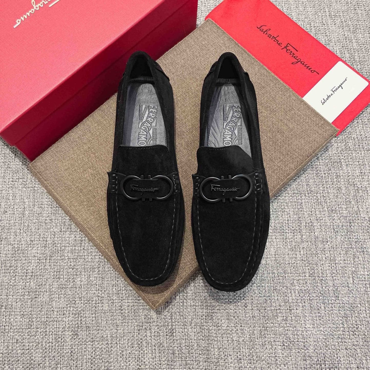 Ferragamo Black Buckle Loafers — front