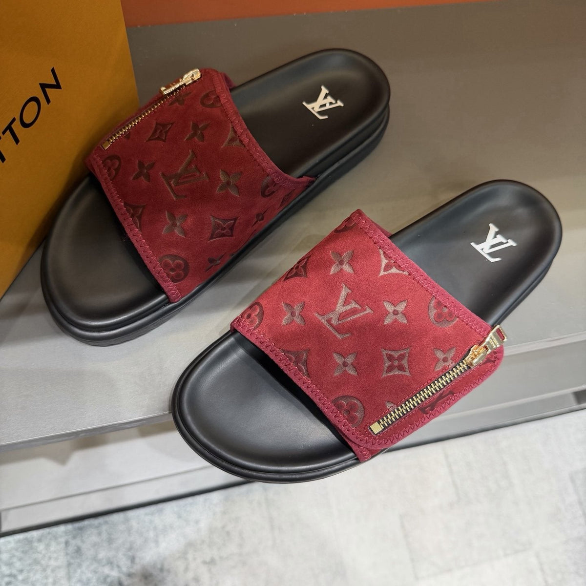 Louis Vuitton Red and Black Zipper Slide Sandals — hero