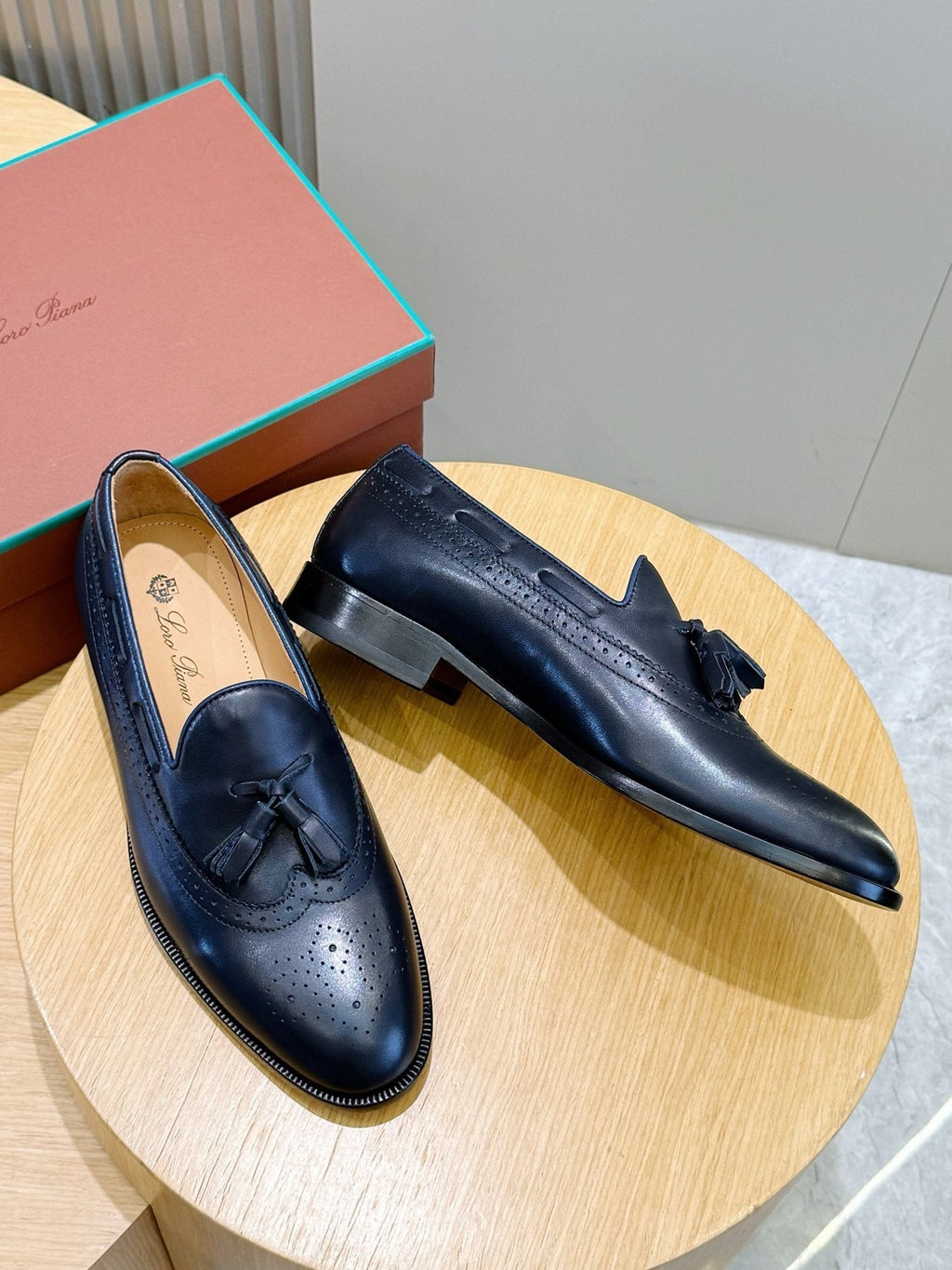 Loro Piana Navy Blue Tassel Loafers — front