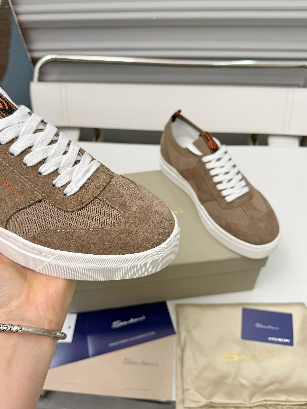 Santoni Taupe Brown Low-Top Sneakers — detail