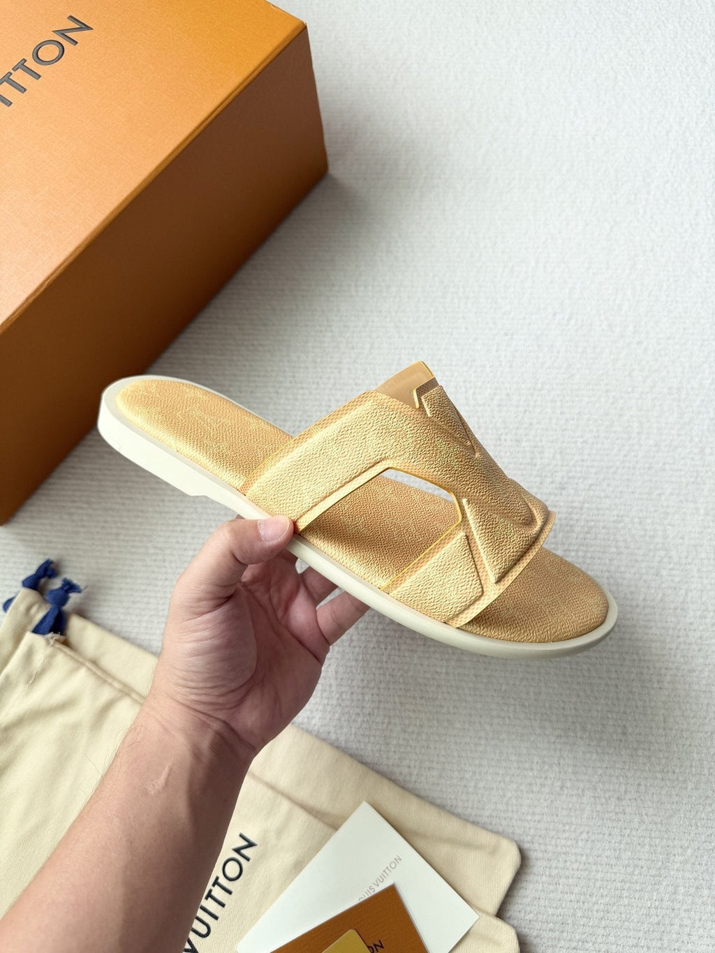 Louis Vuitton Beige Logo Slide Sandals — model
