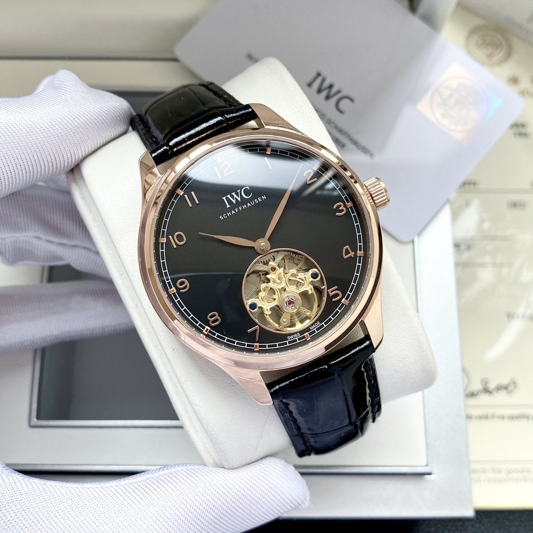 IWC Rose Gold Black Dial Strap Watch — hero