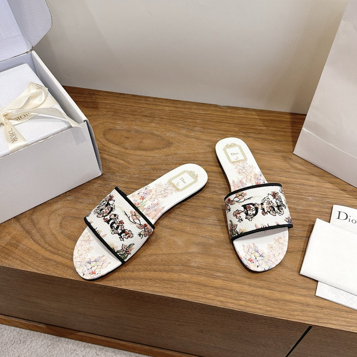 Dior Floral Embroidered Slide Sandals — front