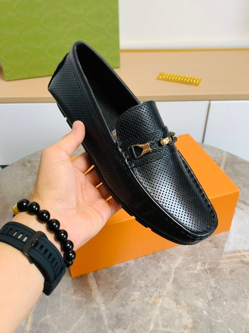 Black Textured Loafers with Gold-Tone Hardware — front