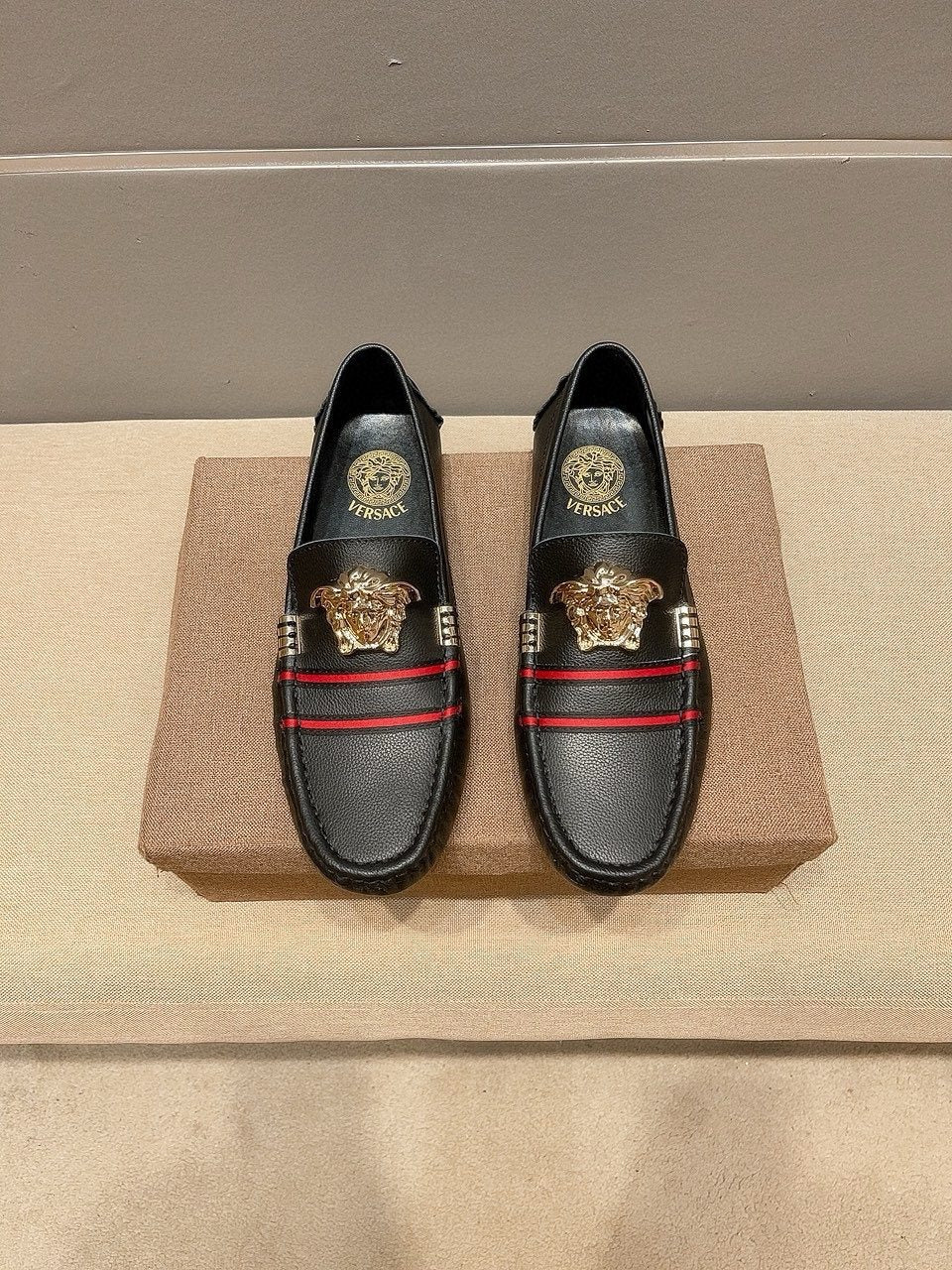 Versace Black Red Stripe Slip-On Loafers — hero