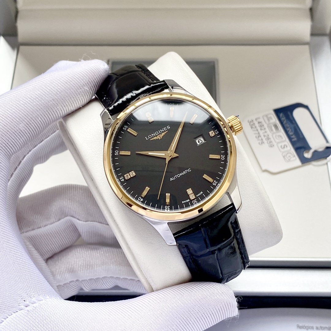 Longines Gold Black Dial Leather Strap Watch — front