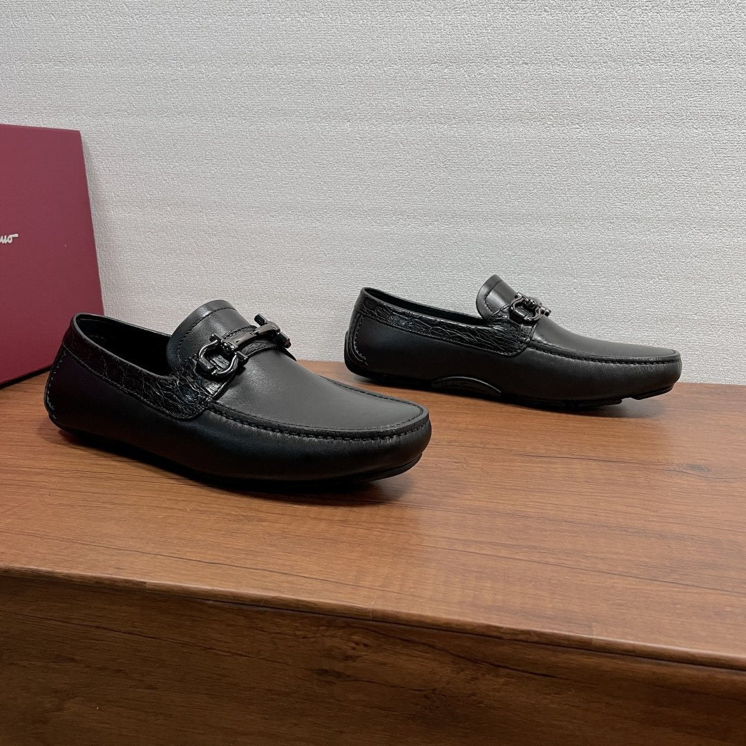 FERRAGAMO Black Horsebit Driving Loafers — side