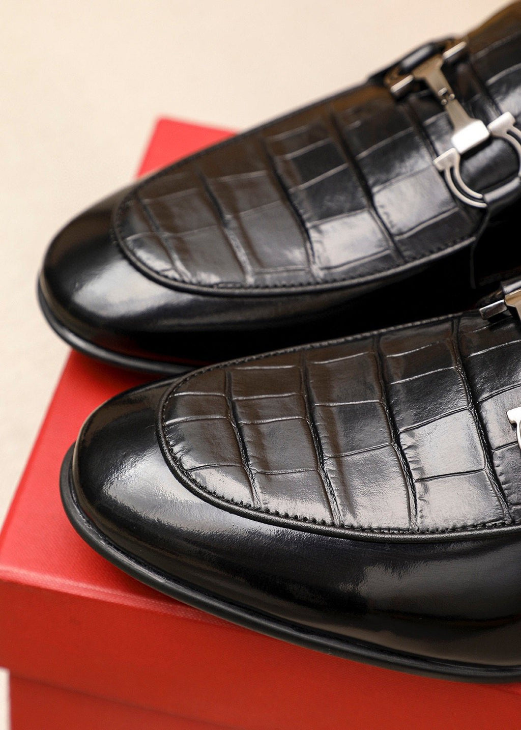 Ferragamo Black Embossed Buckle Loafers — detail