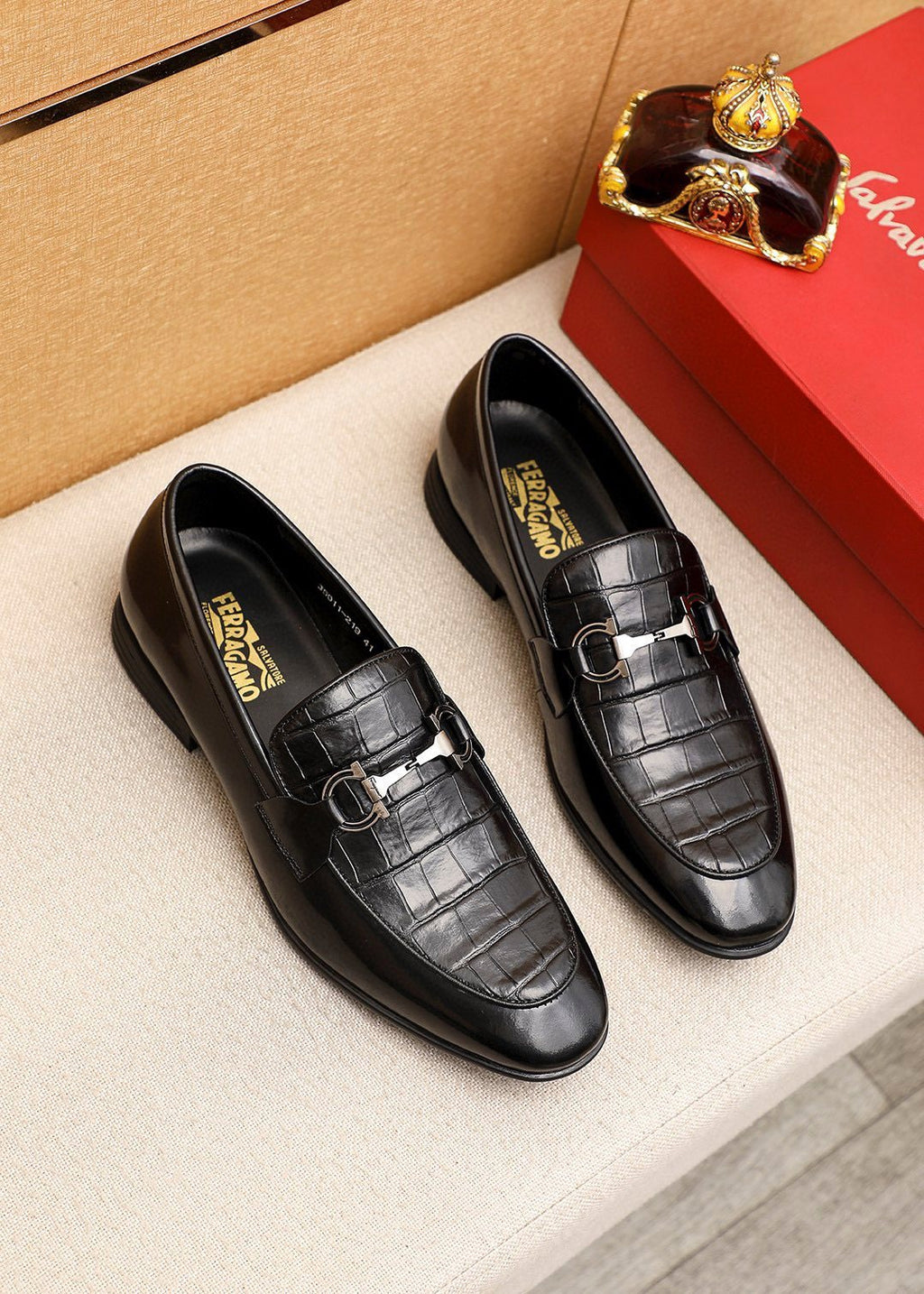 Ferragamo Black Embossed Buckle Loafers — hero
