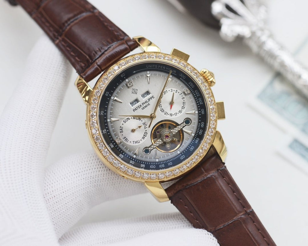 Patek Philippe Gold Silver Blue Dial Strap Watch — front