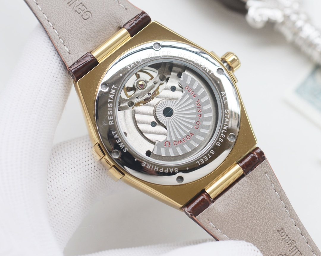 OMEGA Gold Brown Green Dial Strap Watch — back