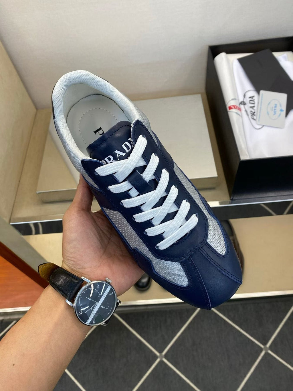 Prada Navy Blue Panel Low-Top Sneakers — model