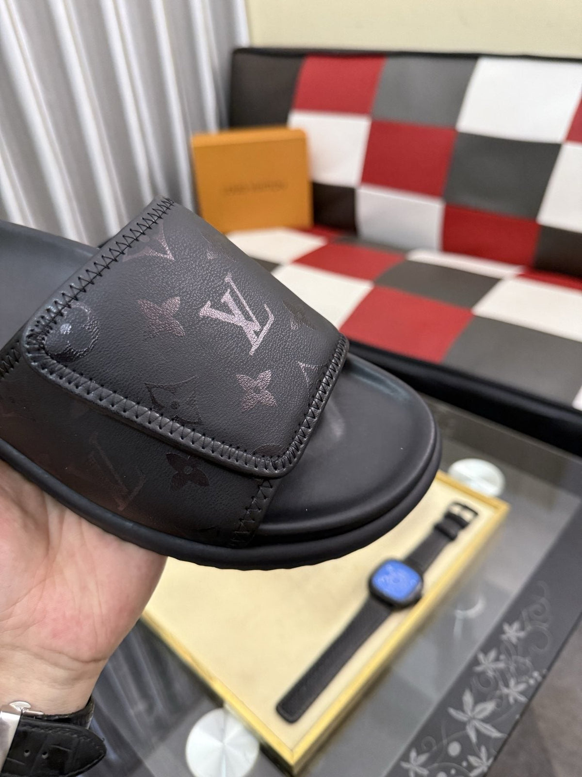 Louis Vuitton Black Monogram Slide Sandals — front