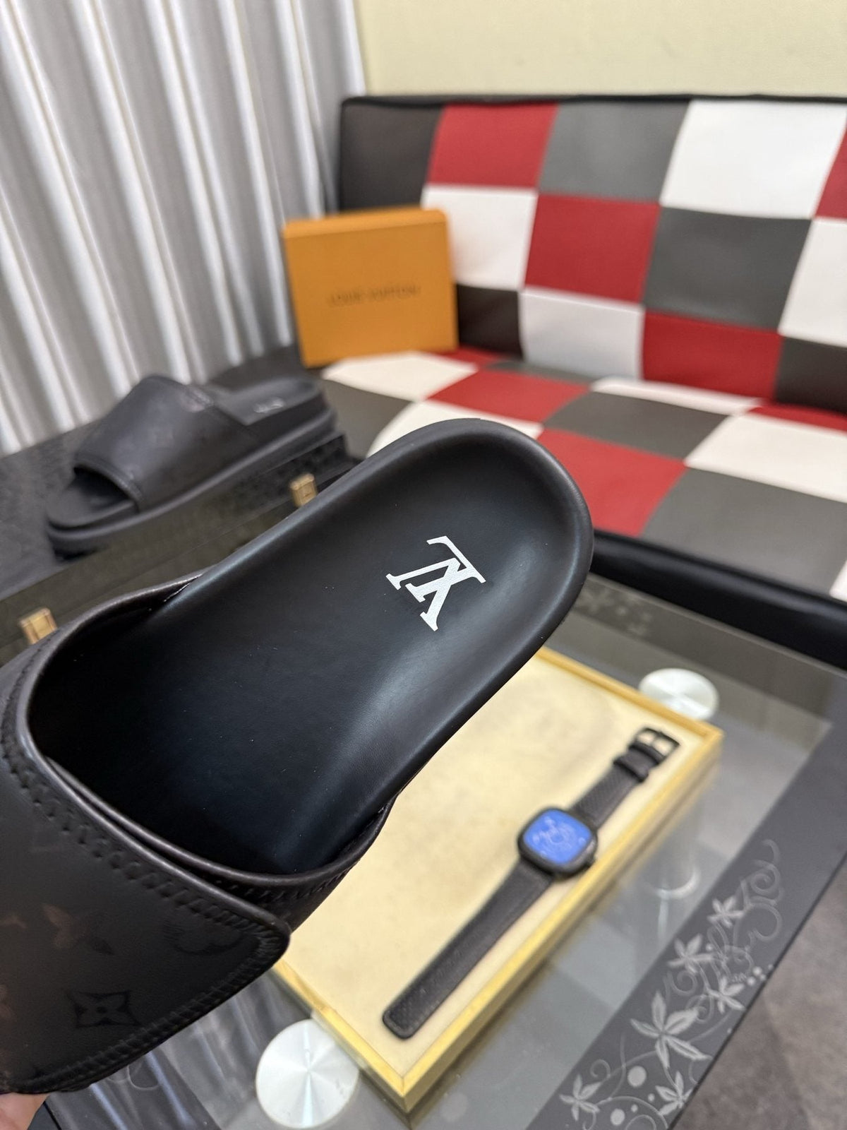 Louis Vuitton Black Monogram Slide Sandals — detail