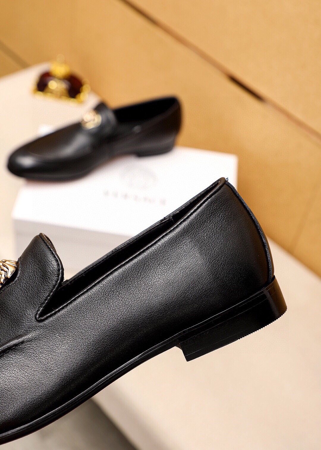 VERSACE Black Medallion Slip-On Shoes — detail