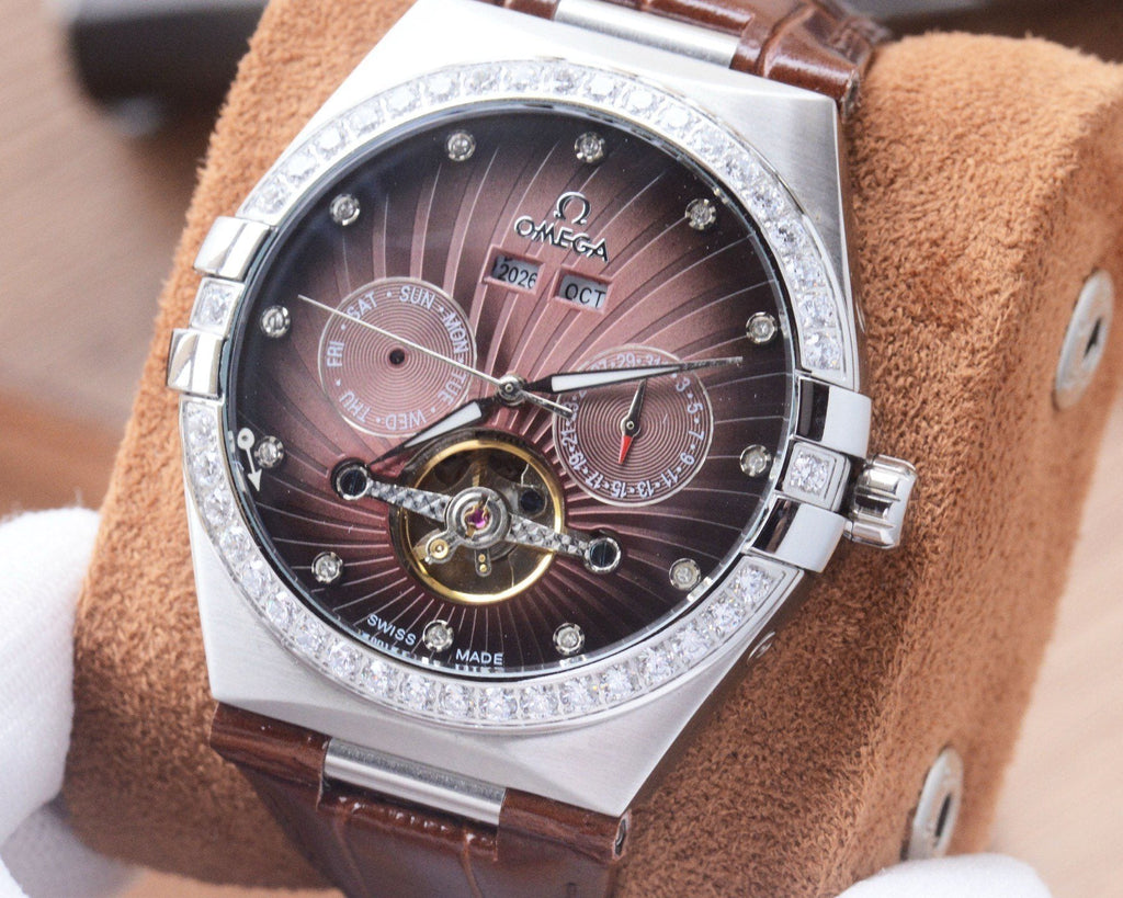 Omega Silver Brown Strap Watch — front