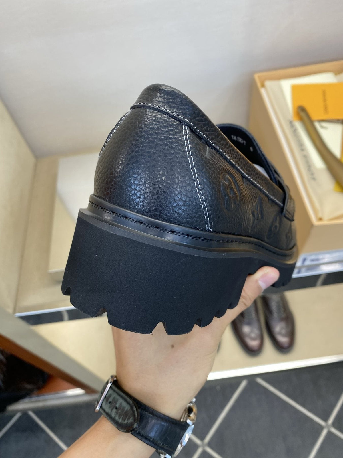 Louis Vuitton Black Monogram Lug Sole Loafers — model