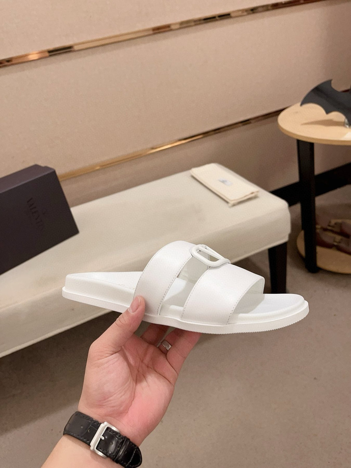 Valentino White V-Hardware Slide Sandals — side