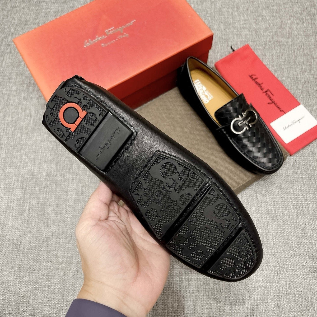 Ferragamo Black Woven Driving Loafers — detail
