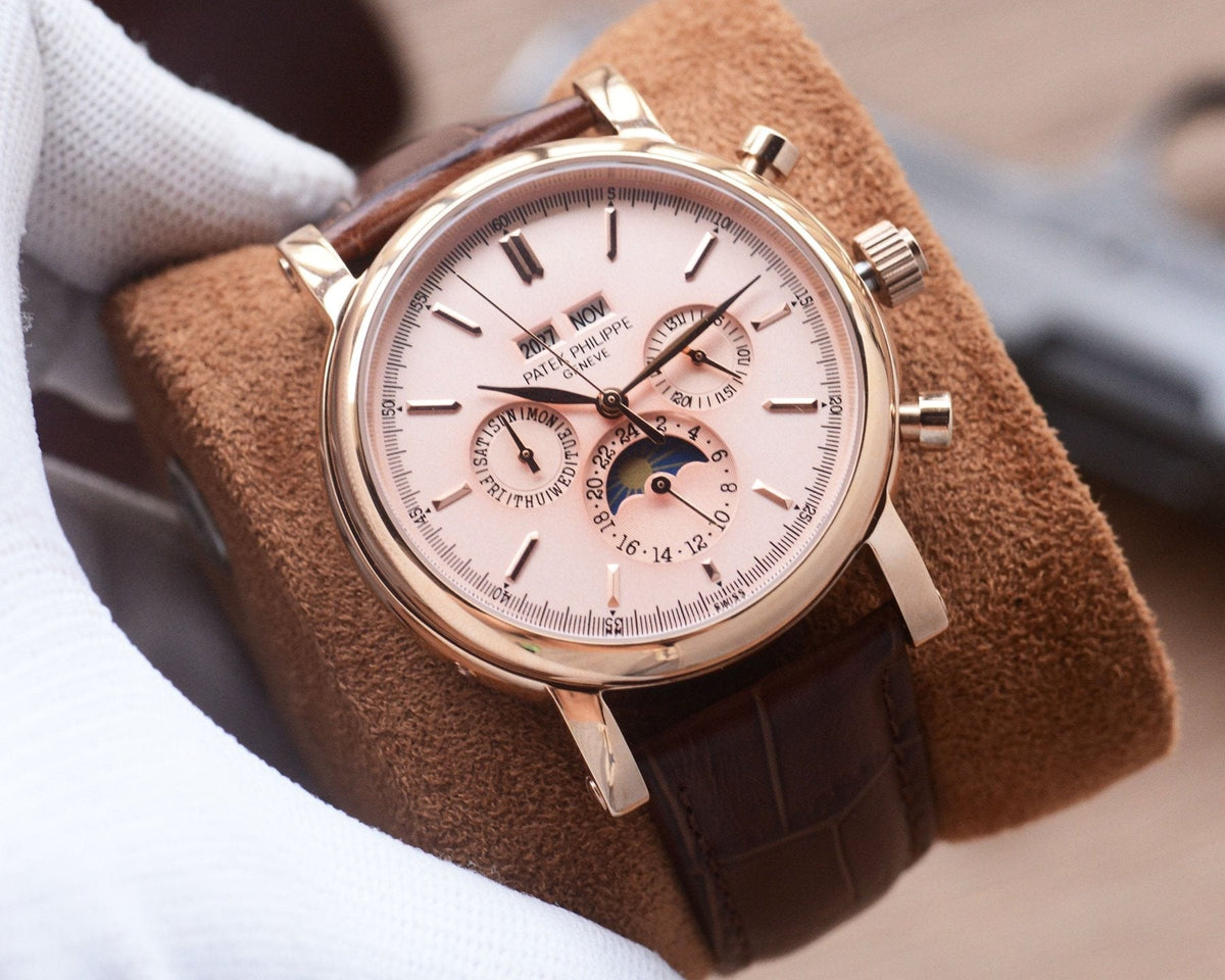 Patek Philippe Rose Gold Brown Pink Dial Strap Watch — hero