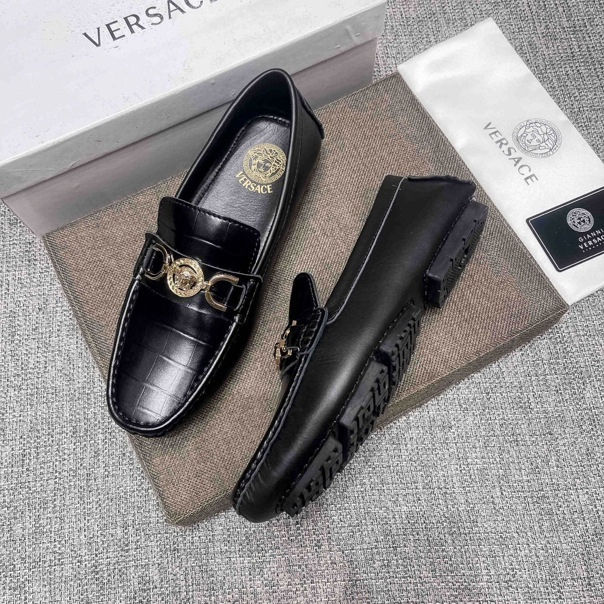 Versace Black Gold Hardware Loafers — side