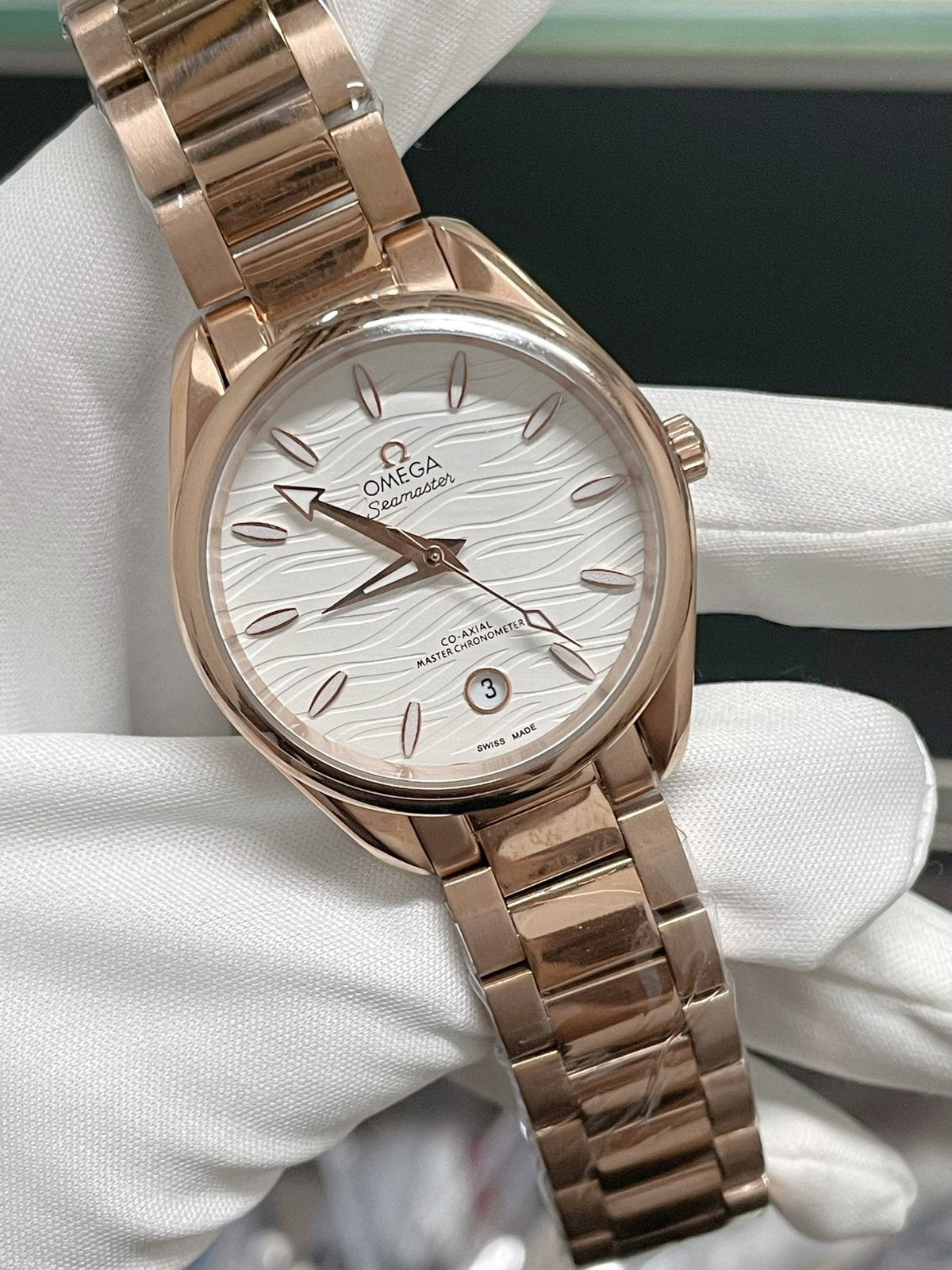 Omega Rose Gold-Tone White Dial Watch — front