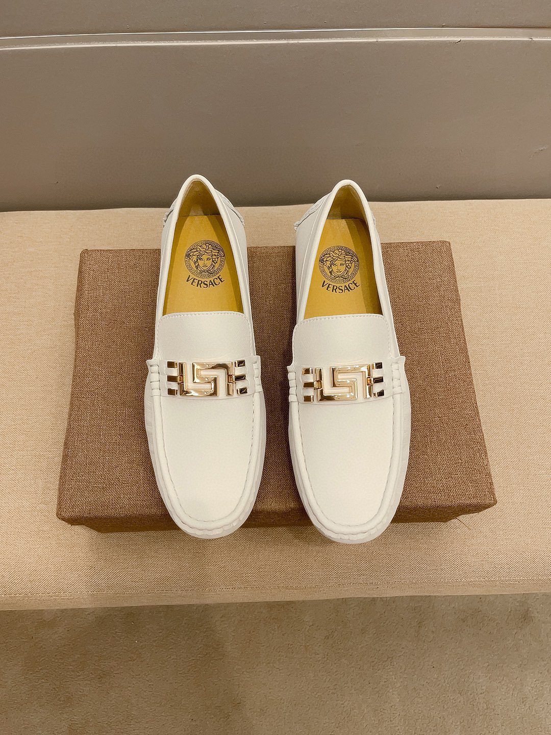 Versace Cream White Gold-Tone Loafers — hero
