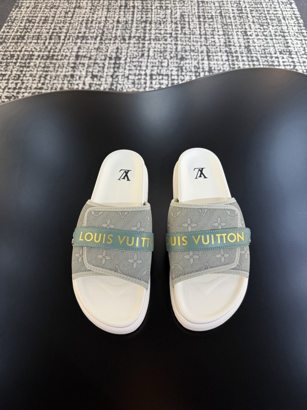 Louis Vuitton Gray Logo Slide Sandals — hero