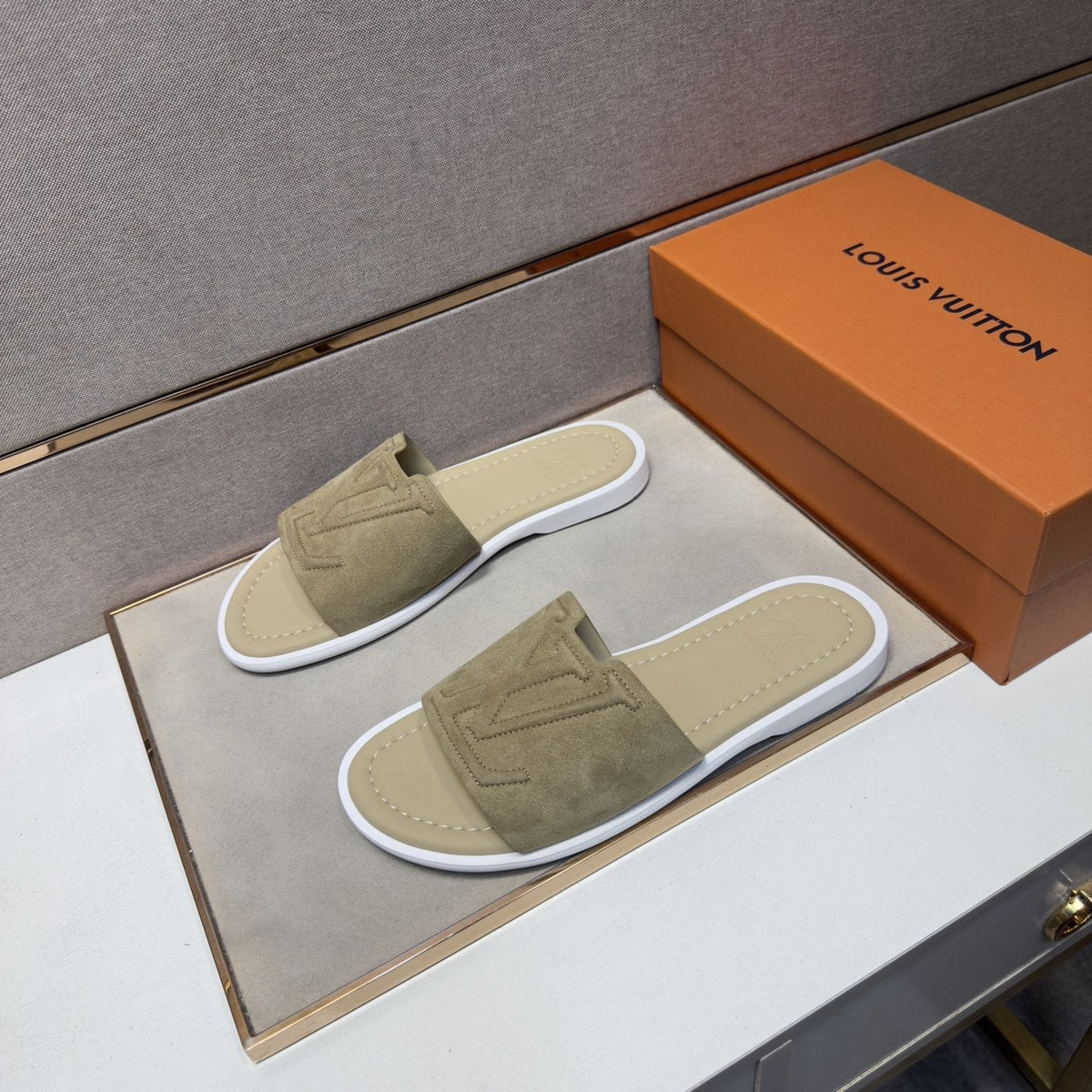 Louis Vuitton Khaki Monogram Slide Sandals — front
