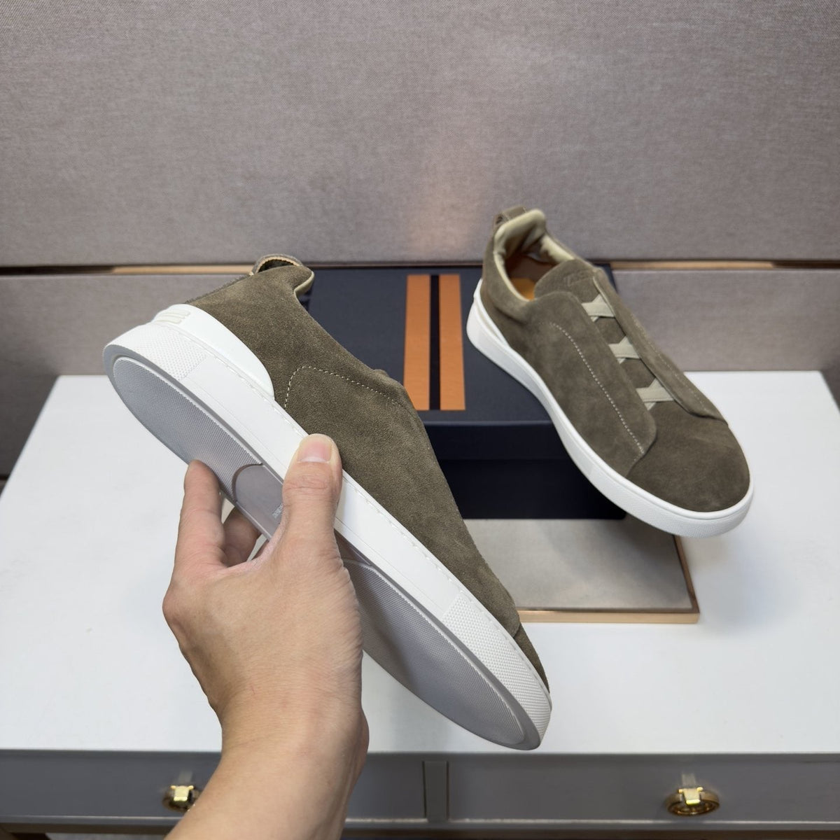 Zegna Black Textured Slip-On Sneakers — back
