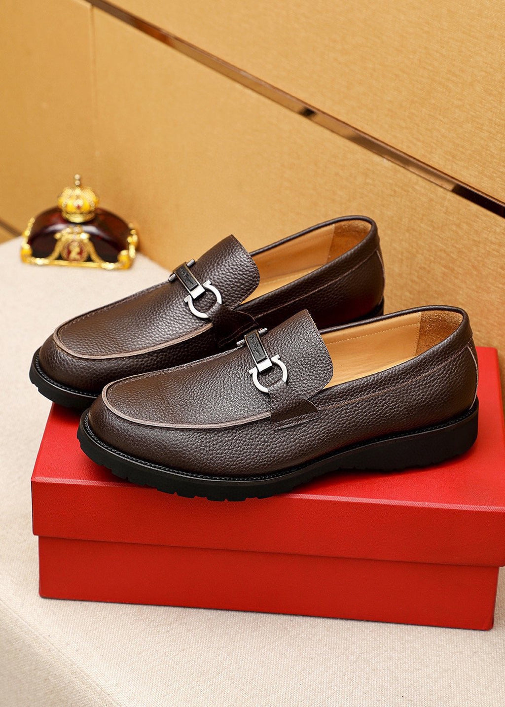 Ferragamo Pebble-Grain Buckle Slip-On Shoes — front