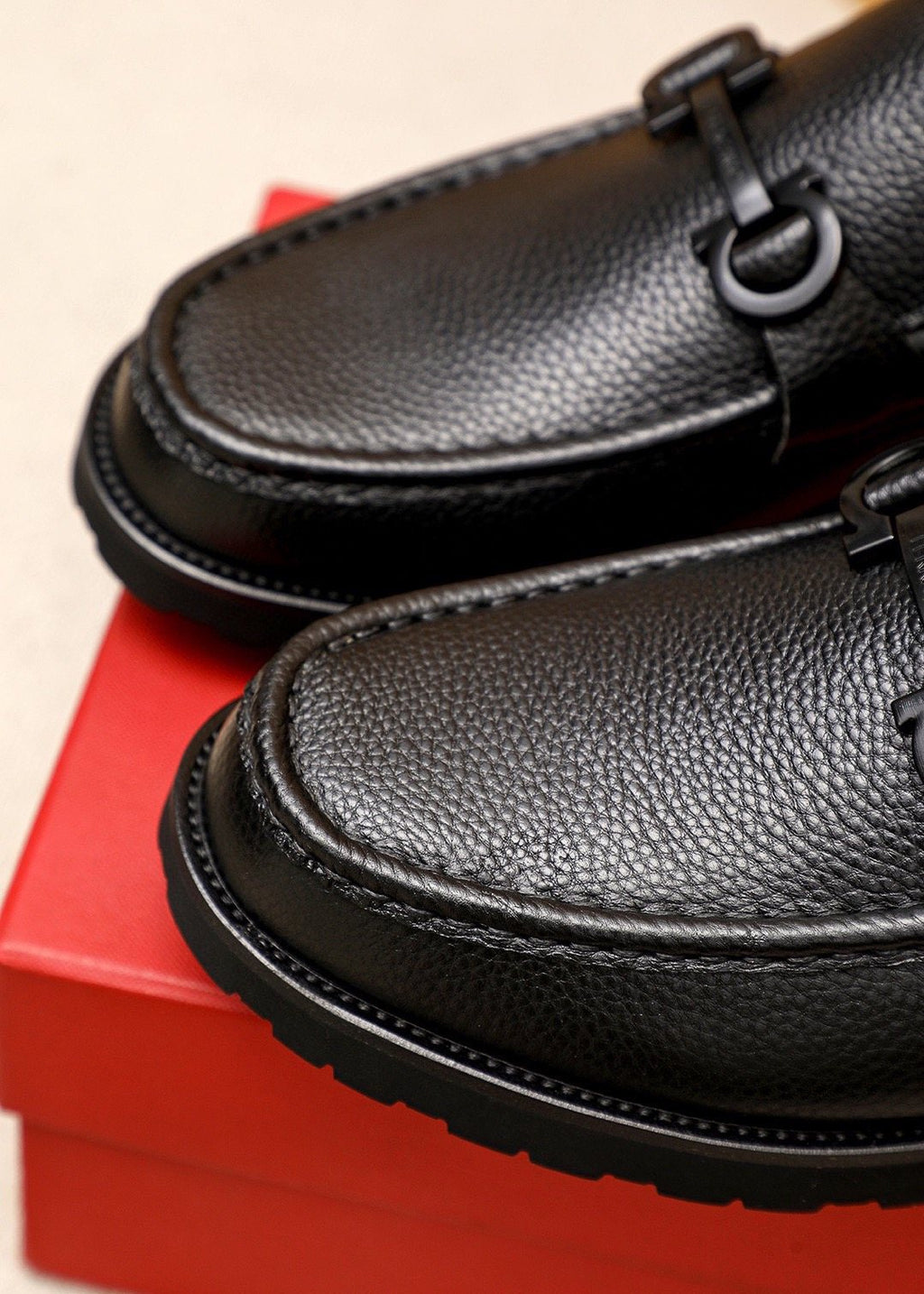 Ferragamo Pebble-Grain Buckle Slip-On Shoes — detail
