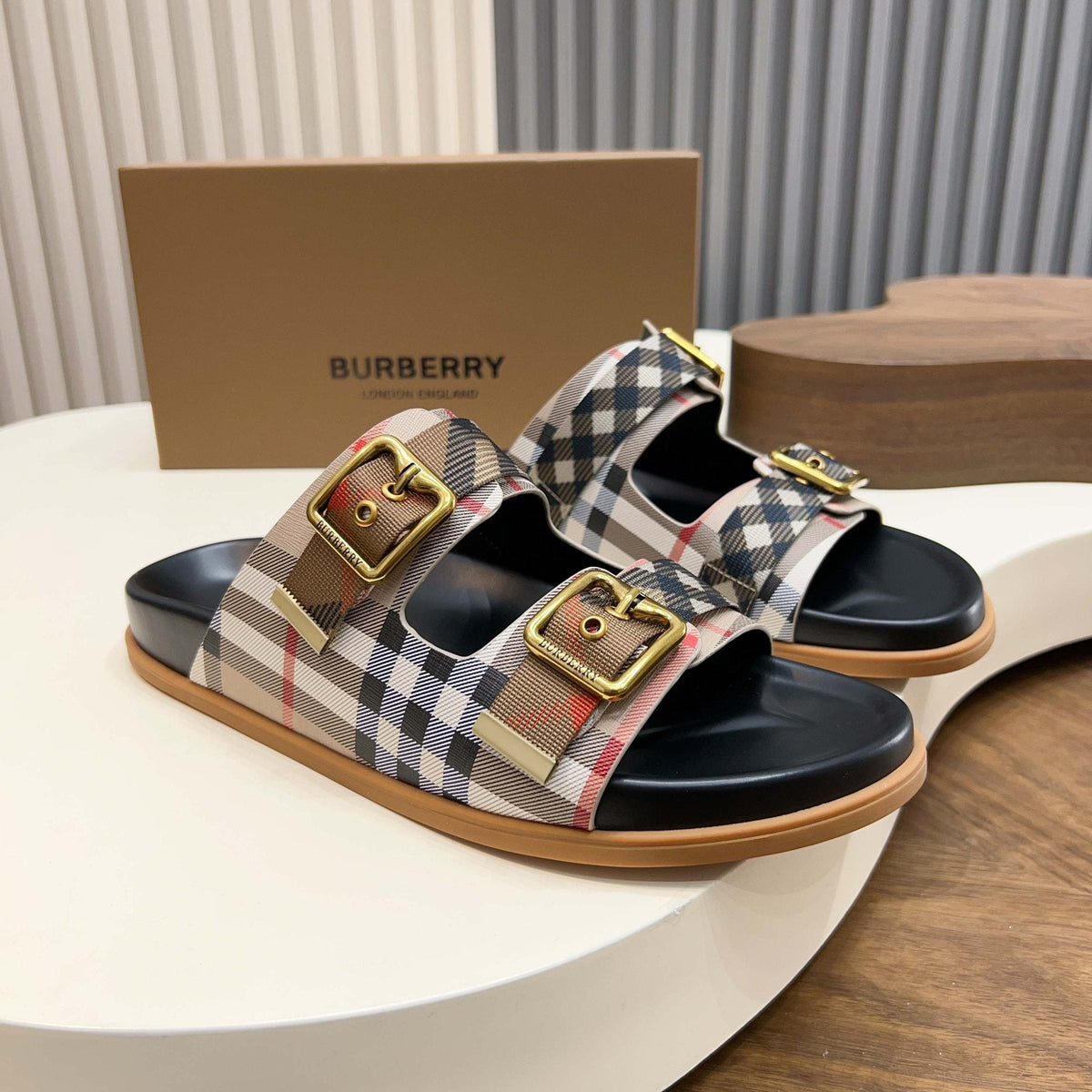 Burberry Plaid Two-Buckle Slide Sandals — front