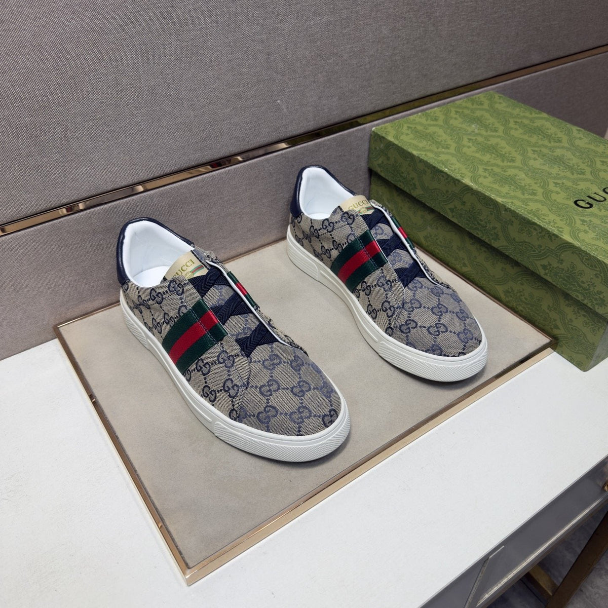 Gucci Men’s Monogram Web Slip-On Shoes — front