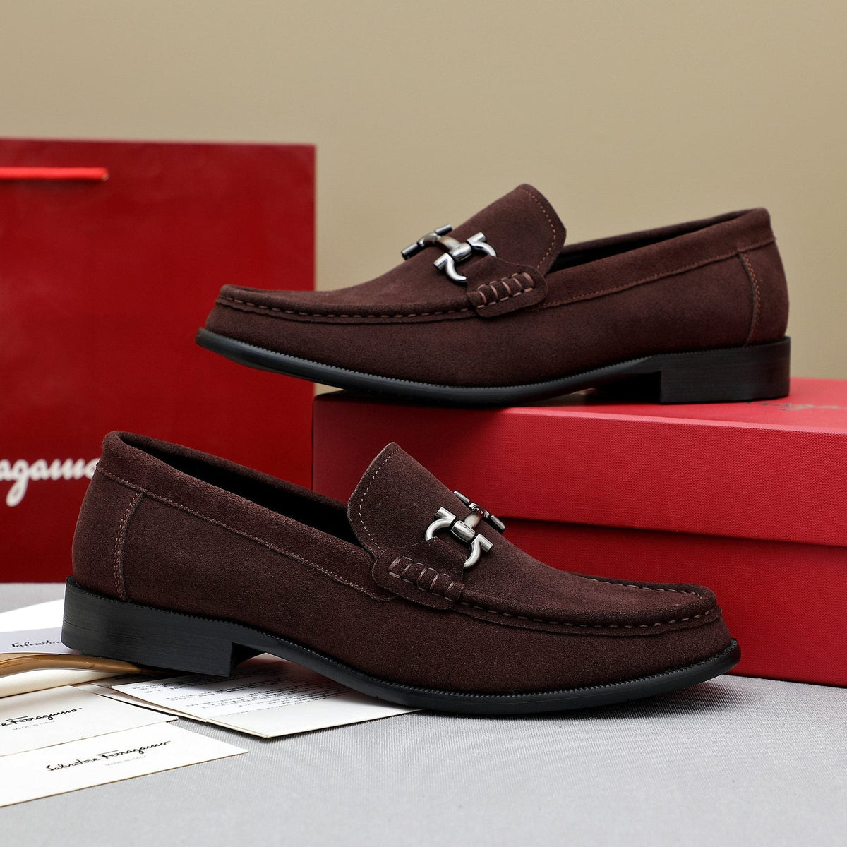 Ferragamo Suede Bit Loafers — front