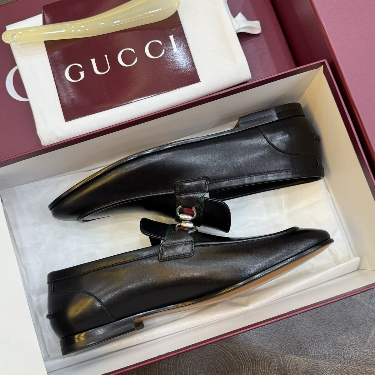 Gucci Black Web Horsebit Loafers — front