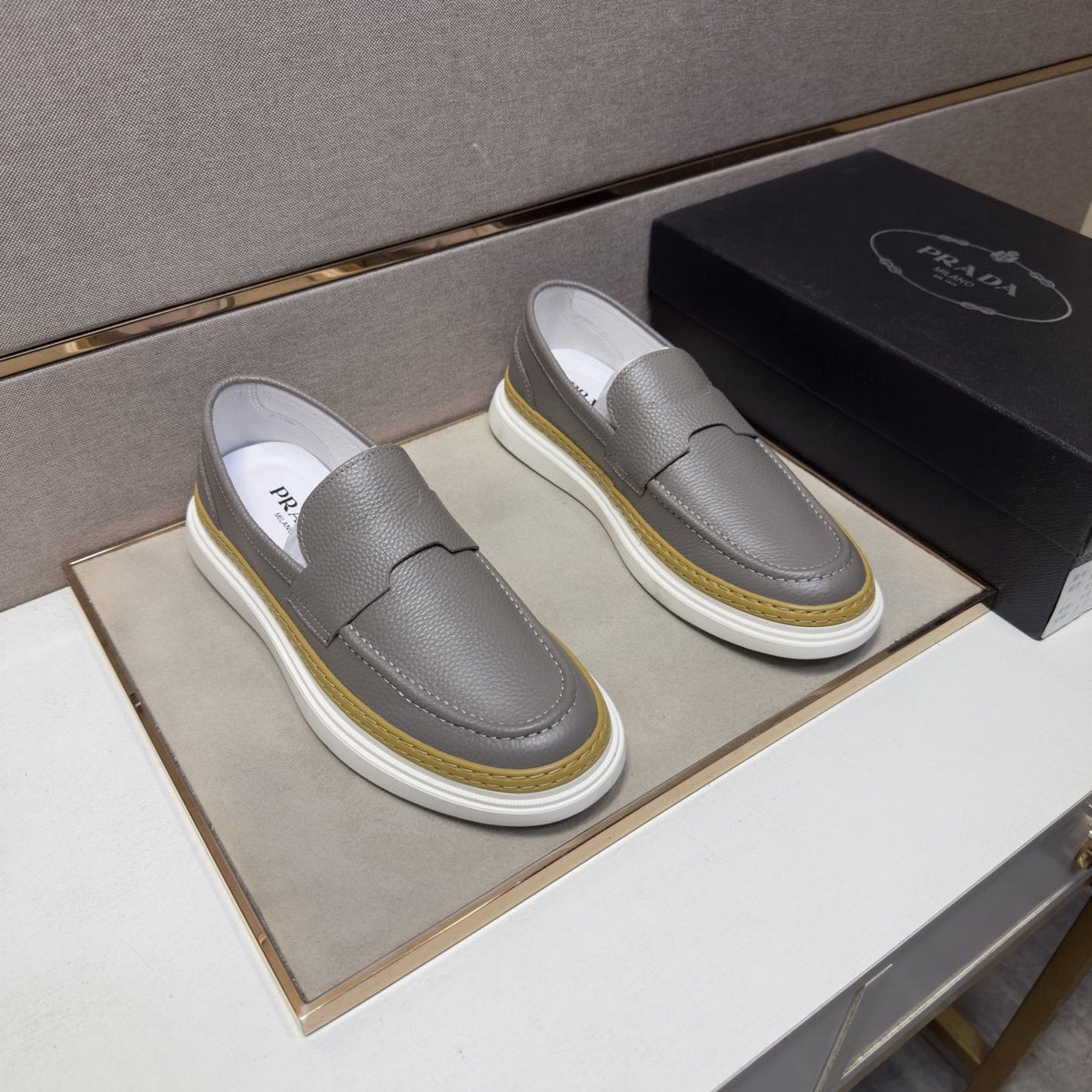 Prada Gold Accent Slip-On Loafers — front