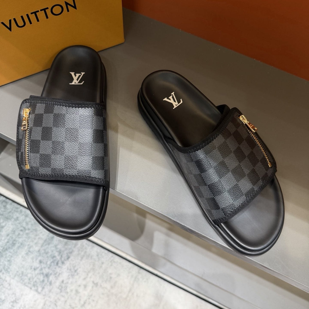 Louis Vuitton Checkered Zipper Slide Sandals — front