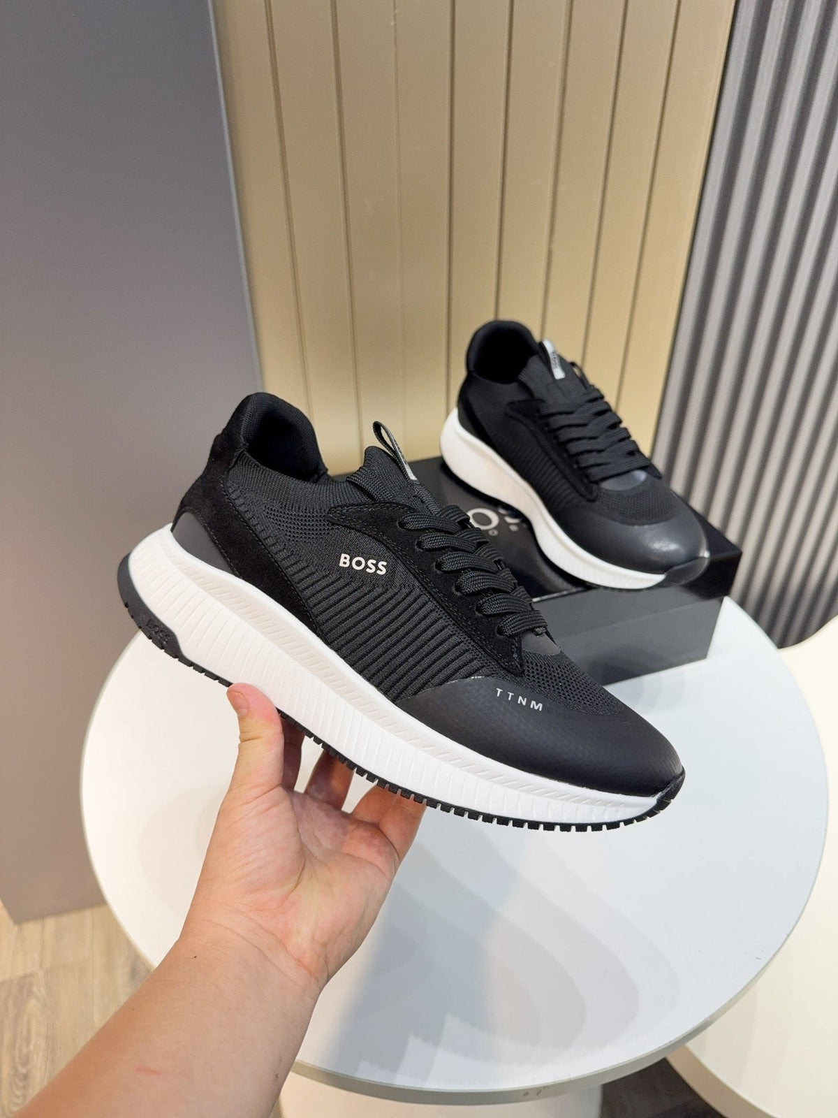 BOSS Knit Lace-Up Sneakers — model