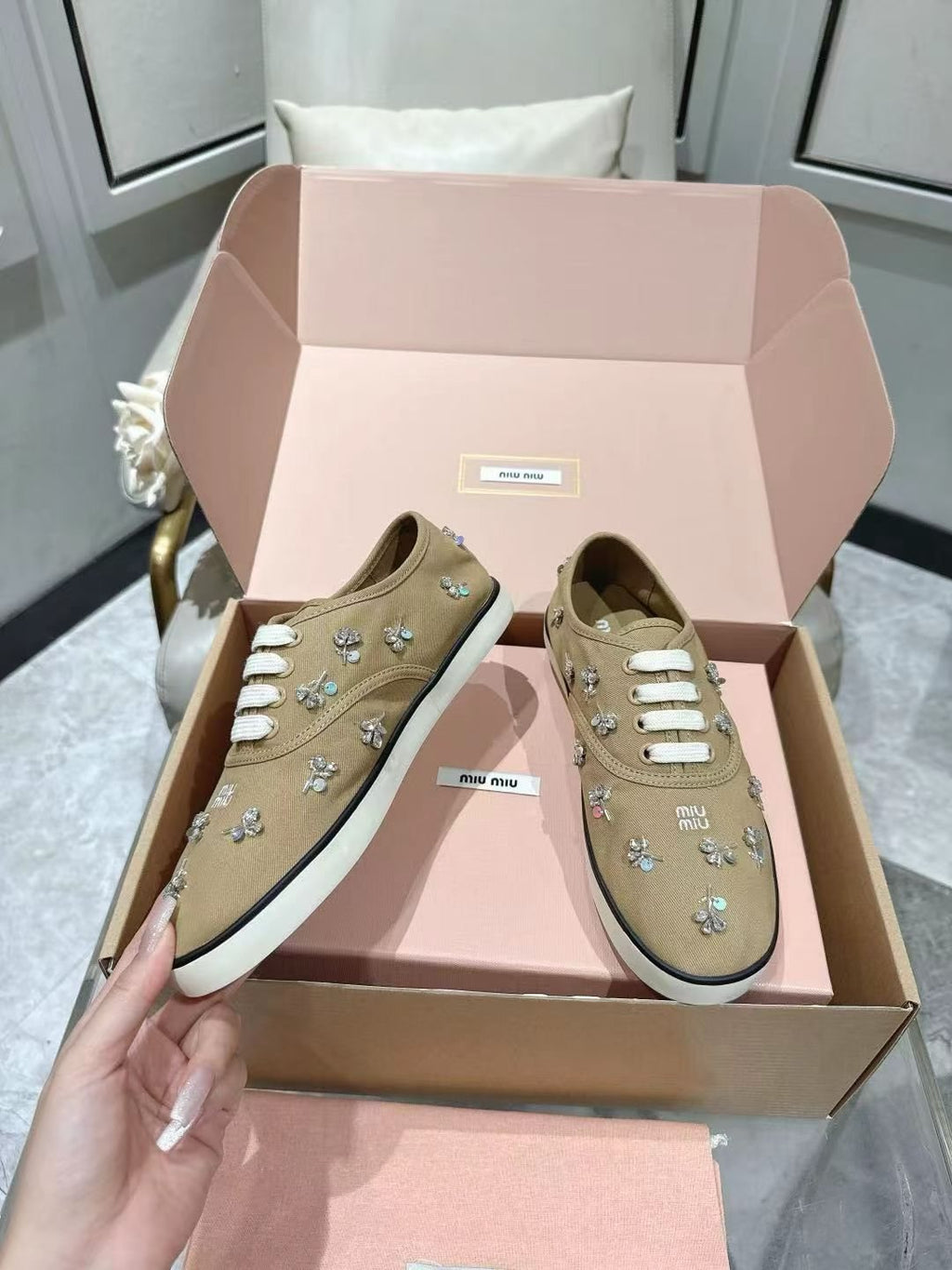 Miu Miu Floral Rhinestone Canvas Sneakers — front