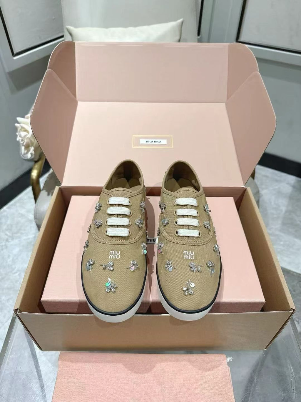Miu Miu Floral Rhinestone Canvas Sneakers — front